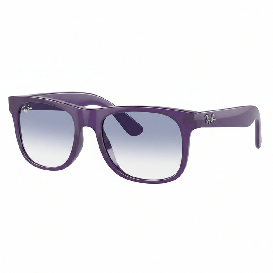 Purple acetate square sunglasses with gradient blue-to-clear lenses, featuring the Ray-Ban logo on the temples.
